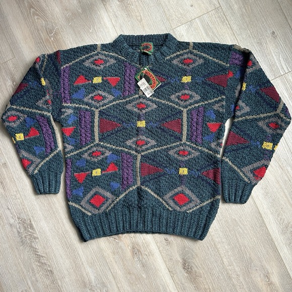 Vintage Boston Traders 80s 3D Geometric Print Art To Wear Chunky Knit Sweater L - Picture 1 of 9